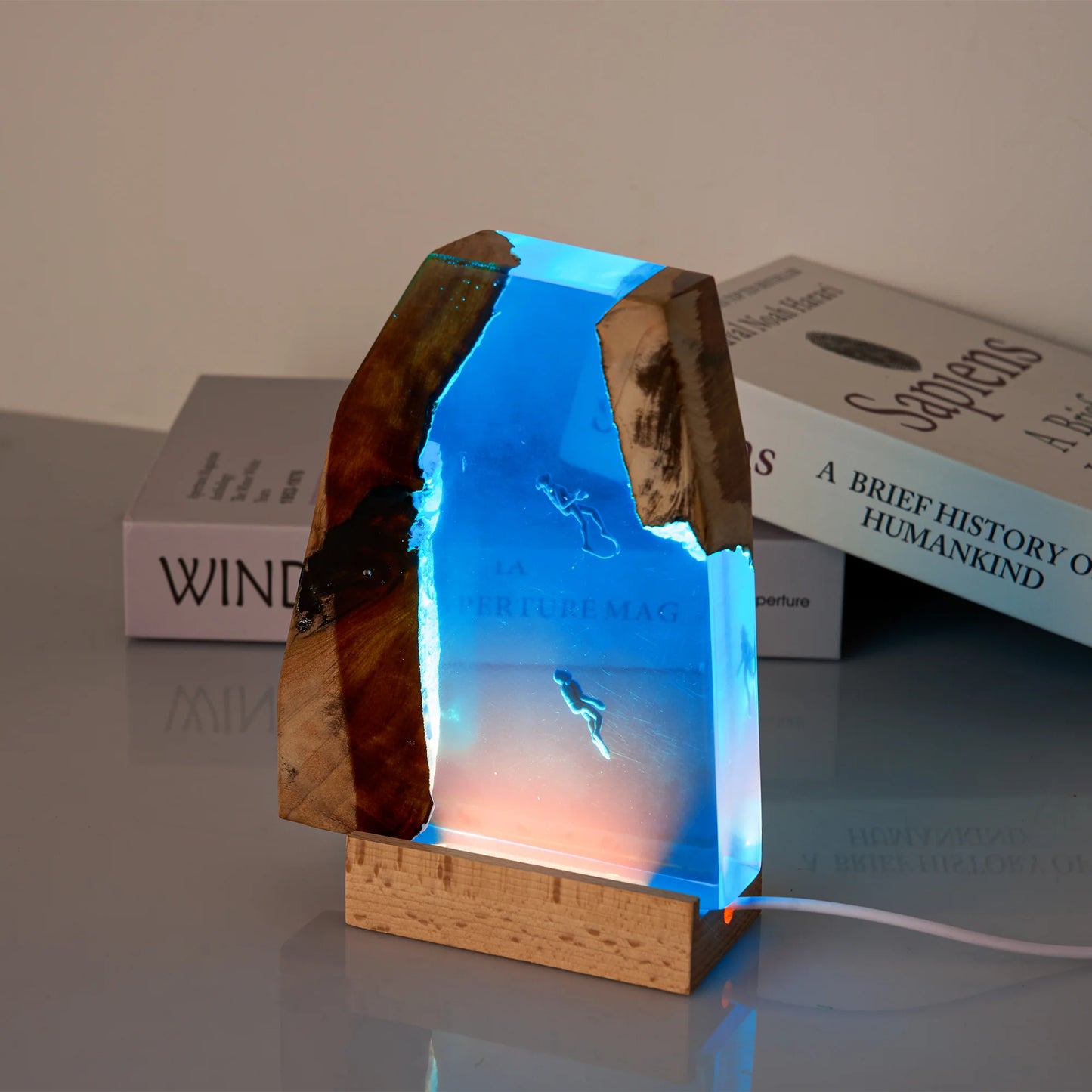 Resin Ocean Lamp,Shark and Diver Resin Wood Lamp